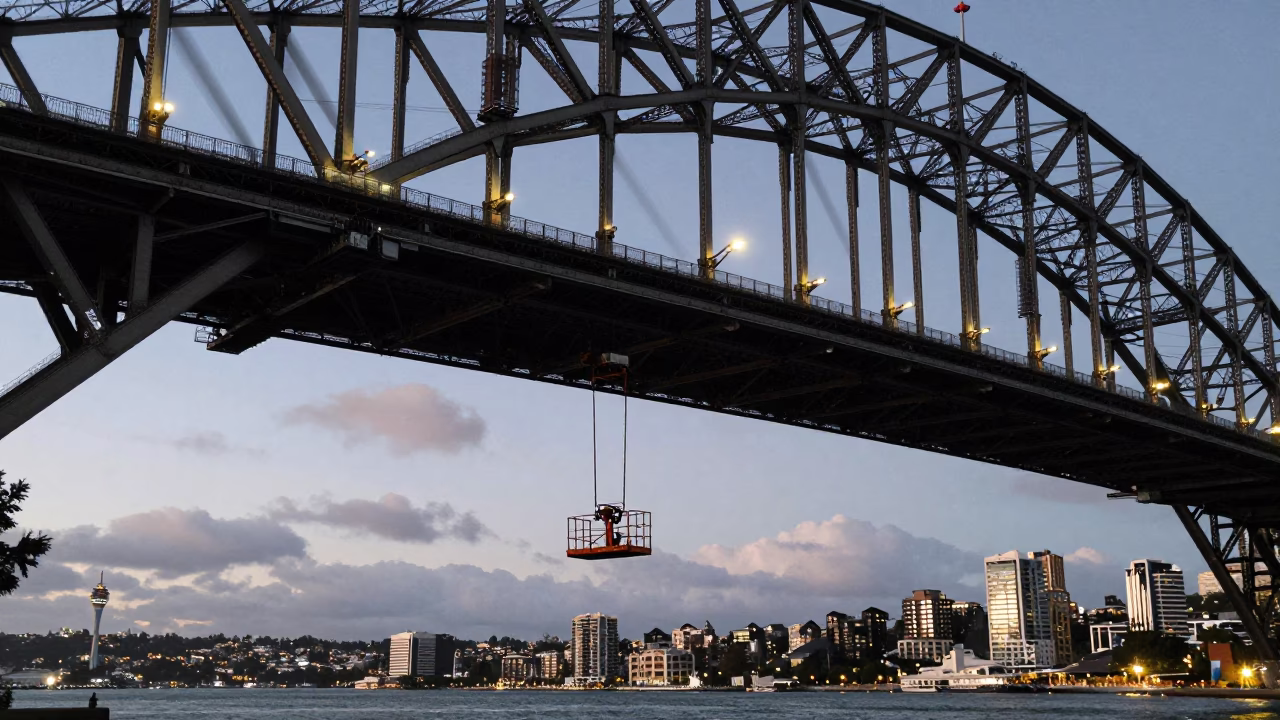 Auckland Harbour Bridge maintenance cage swinging in crosswind at dusk in in Auckland, New Zealand