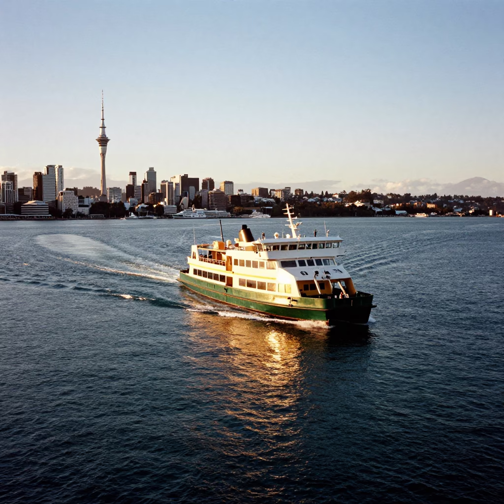 Auckland Harbour Ferry Departing at Golden Hour with Sky Tower and Mountain Backdrop in in Auckland, New Zealand