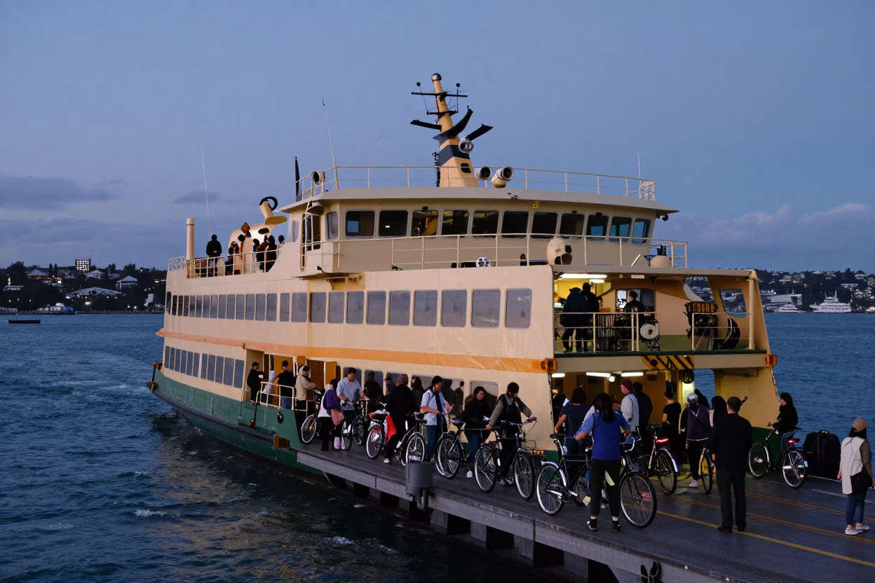 Auckland Harbour Ferry Loading Passengers and Bicycles During Indigo Twilight in New Zealand in in Auckland, New Zealand