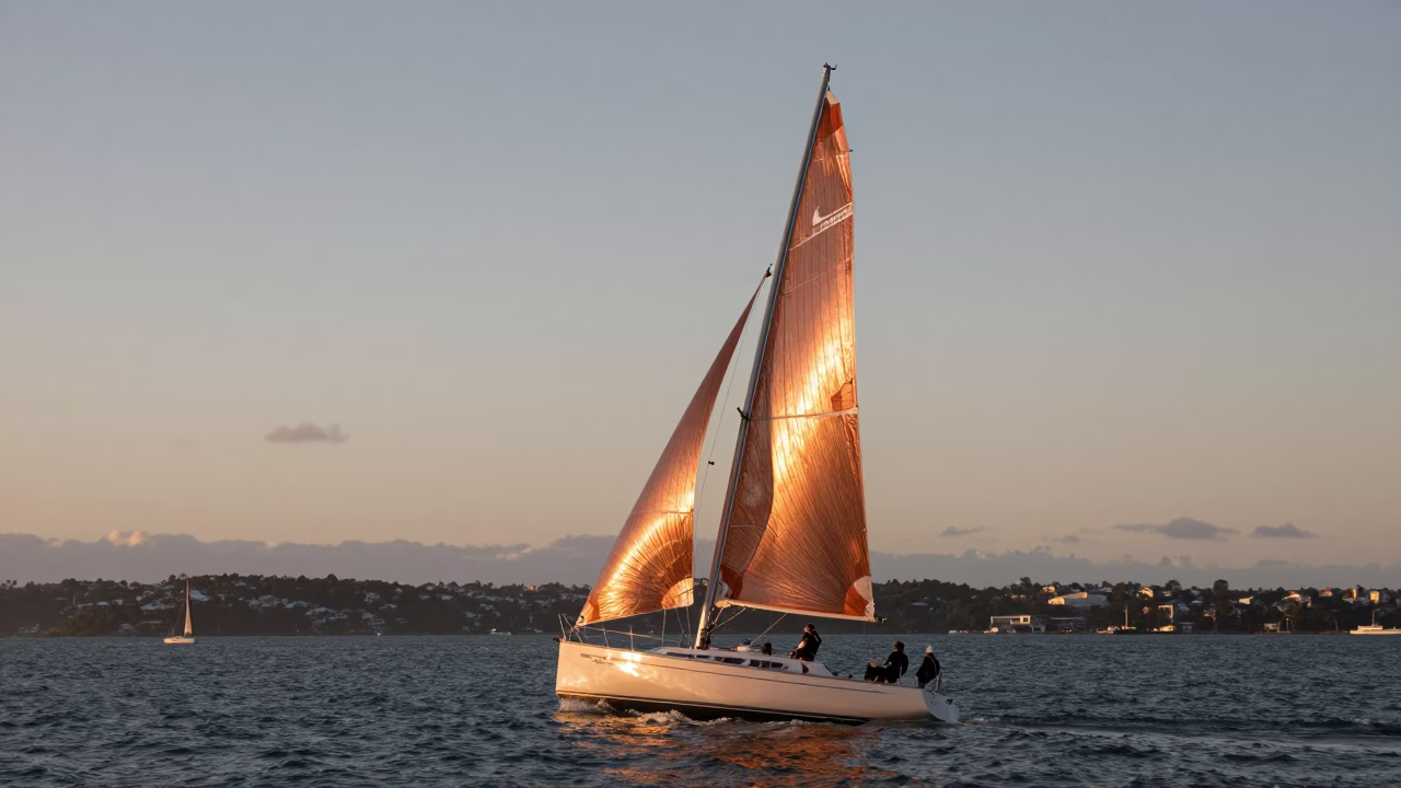Auckland Harbour Sunset Sailboat Wing-on-Wing Run Copper Light in in Auckland, New Zealand