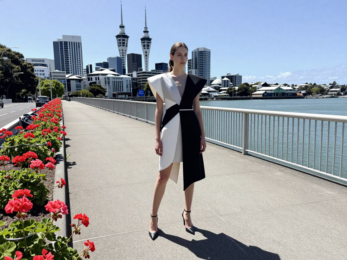 Auckland High Fashion Editorial Noon Light Geraniums Bridge View in in Auckland, New Zealand