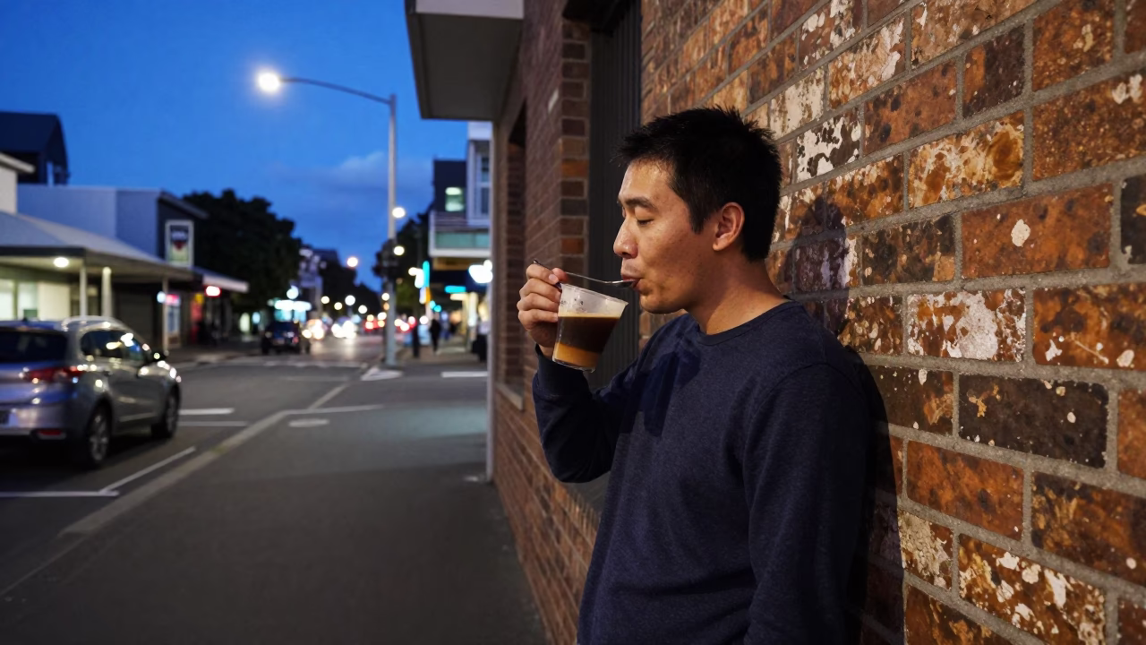 Auckland indigo twilight street scene with coffee cupper slurping from silver spoon in in Auckland, New Zealand