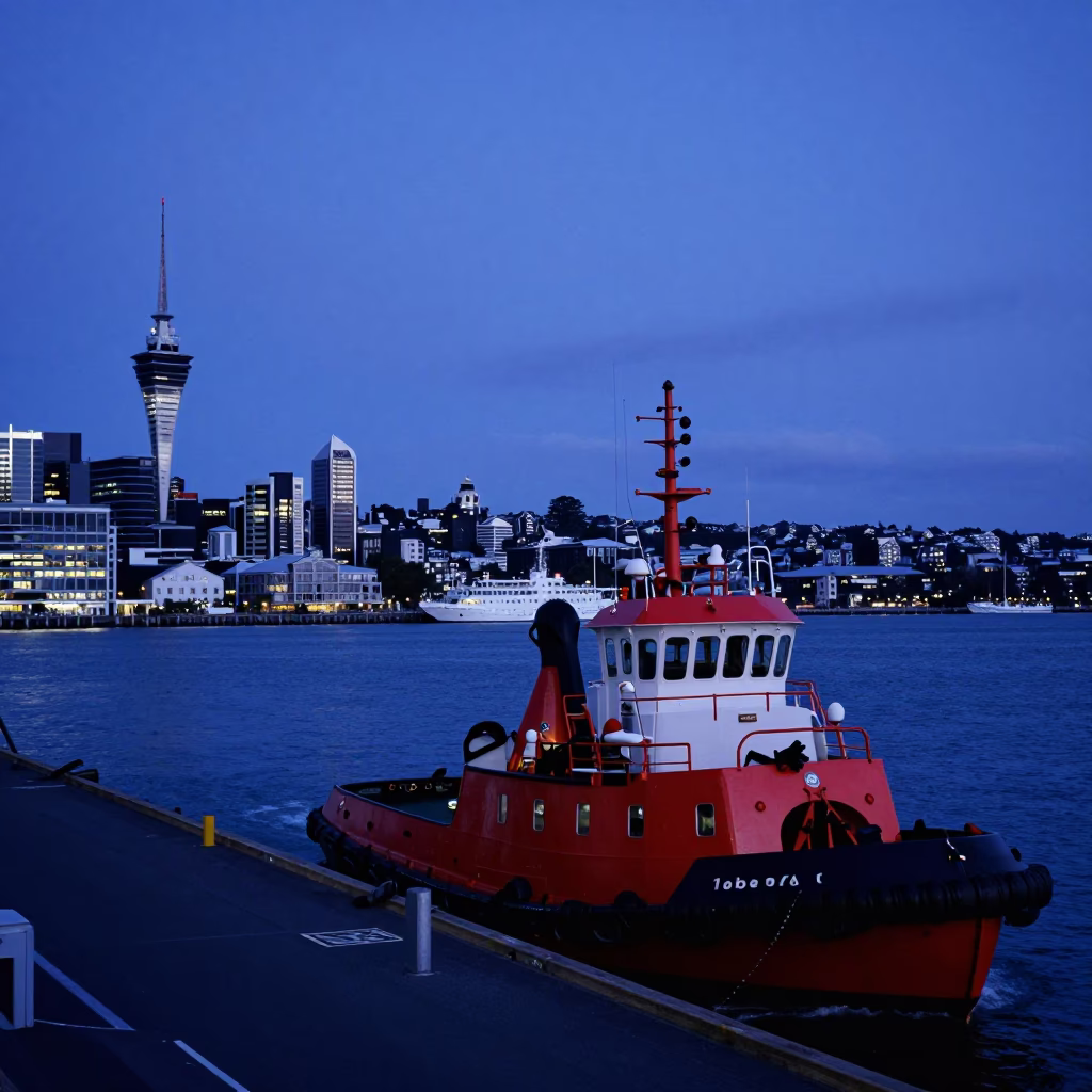 Auckland Indigo Twilight Street Scene with Tugboat and Harbor Life in in Auckland, New Zealand