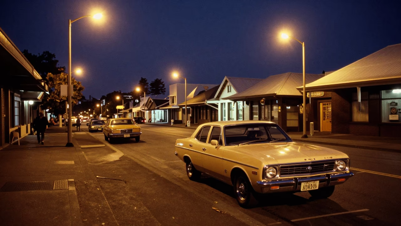 Auckland Midnight Street Scene with Vintage 1970s Car and Neon Sign Reflections in in Auckland, New Zealand