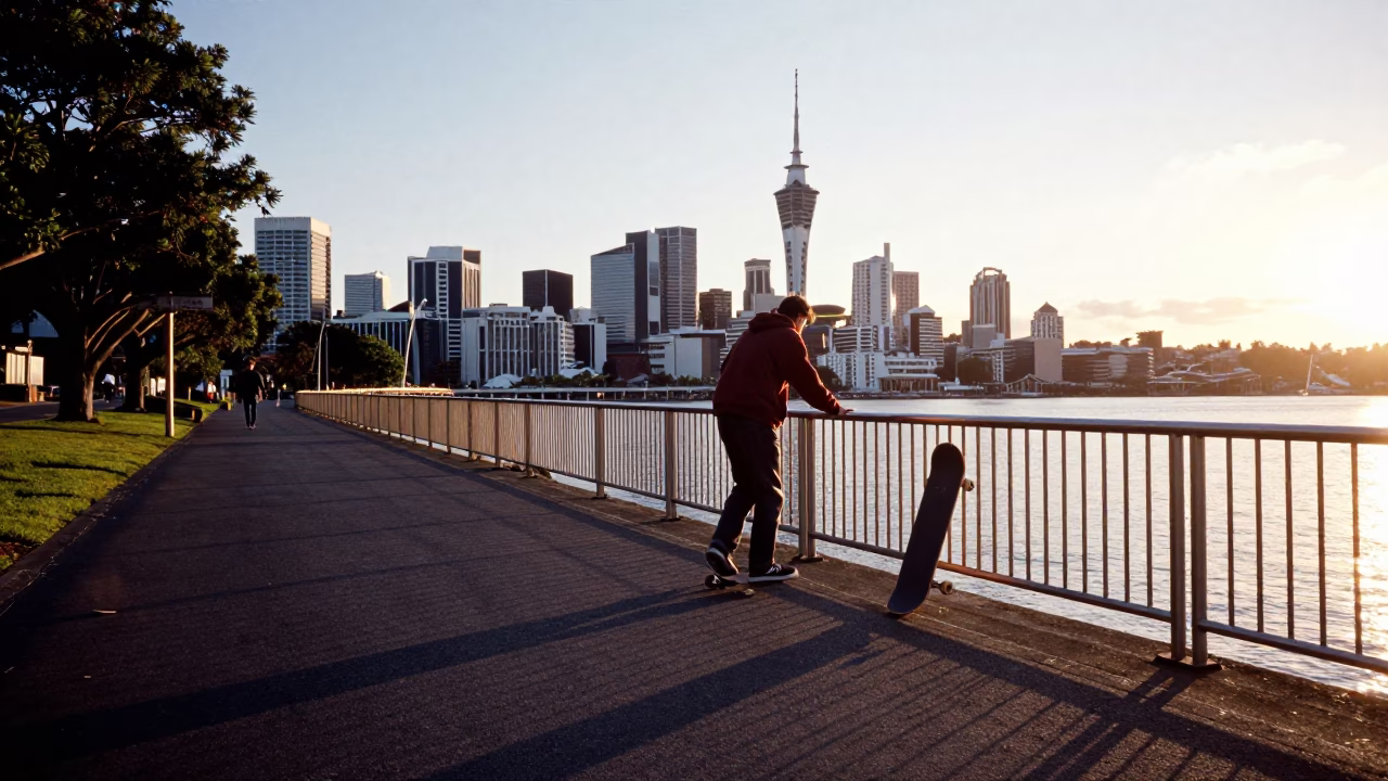 Auckland Morning Light Captures Urban Street Scene with Skateboarder and Local Greenery in in Auckland, New Zealand