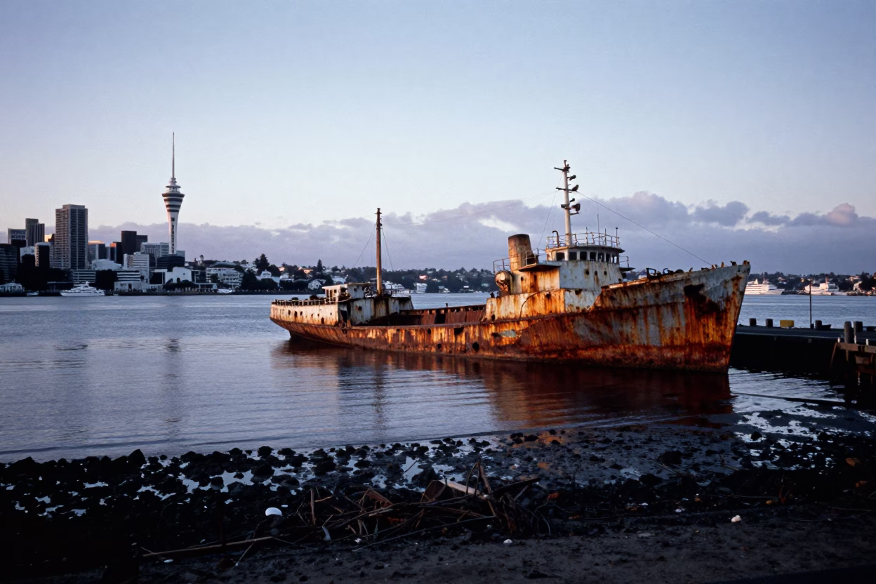 Auckland Nautical Dawn Harbor View with Rusting Ship Beached on Tidal Flat in in Auckland, New Zealand