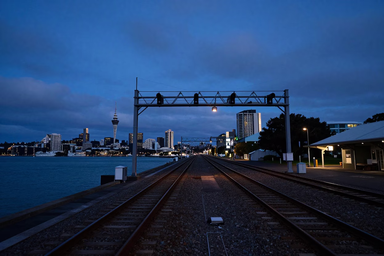 Auckland New Zealand Blue Hour Harbour Scene with Signal Gantry and Rail Lines in in Auckland, New Zealand