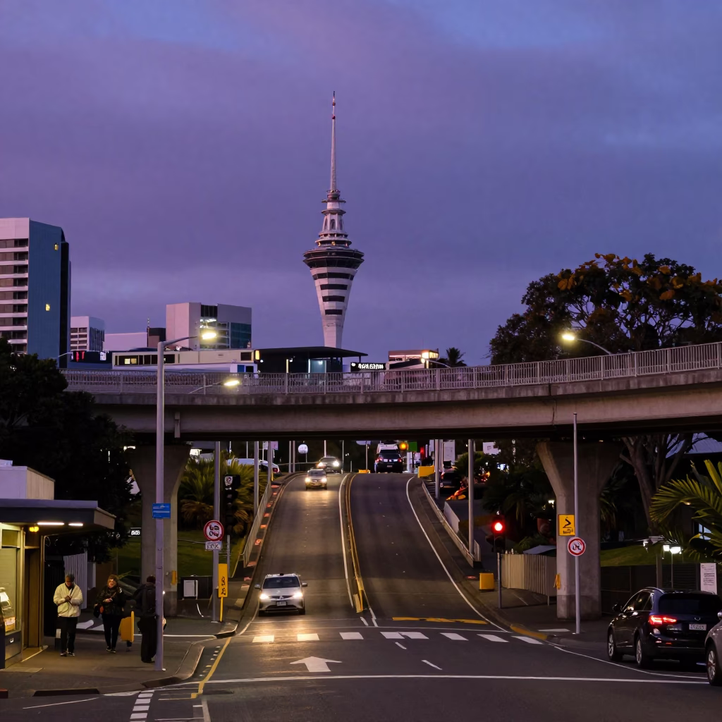 Auckland New Zealand Blue Hour Street Scene with Overpass Ramp and City Lights in in Auckland, New Zealand