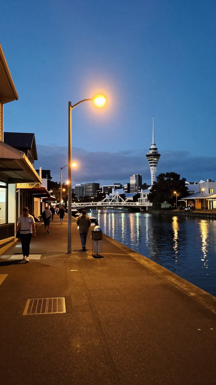 Auckland New Zealand Blue Hour Street Scene with Vintage 1970s Aesthetic and Canal Side in in Auckland, New Zealand