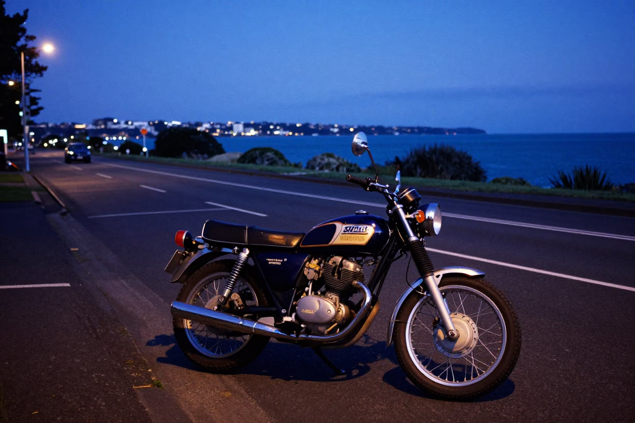 Auckland New Zealand Blue Hour Street Scene with Vintage 1970s Motorcycle on Coastal Highway in in Auckland, New Zealand