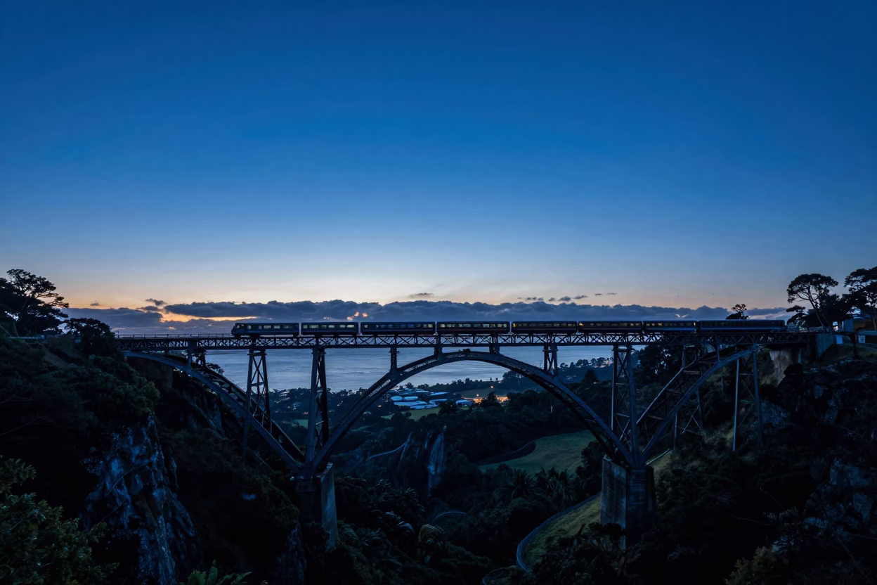 Auckland New Zealand Blue Hour Train Trestle Over Gorge Horizon Shot in in Auckland, New Zealand