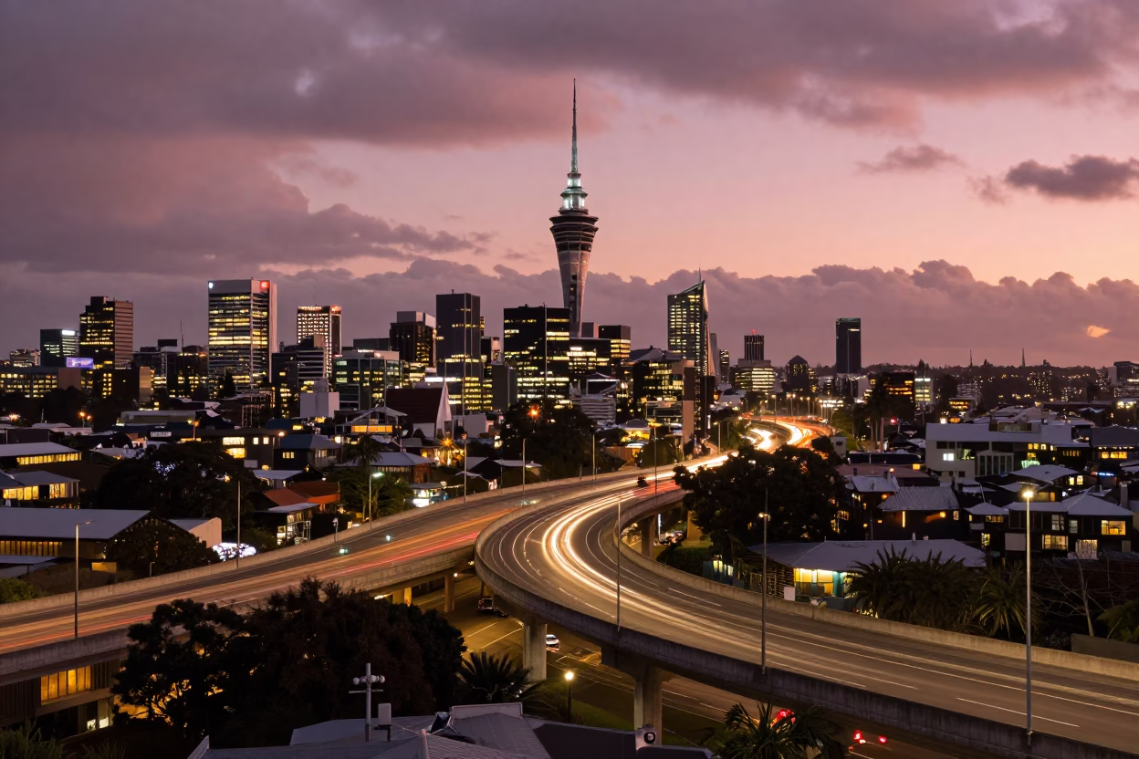 Auckland New Zealand City Lights Glow Highway Flyover Stack Evening Street Scene in in Auckland, New Zealand