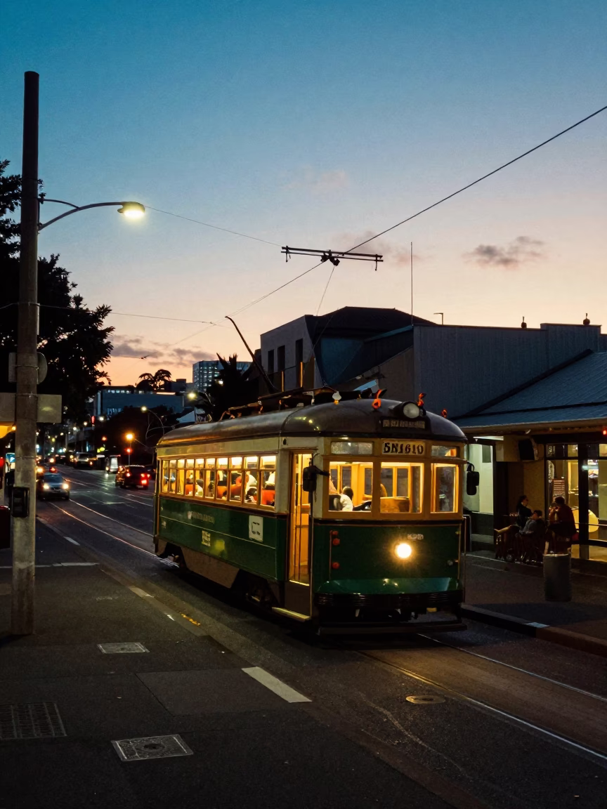 Auckland New Zealand City Lights Glow Tram Steep Hill Street Scene in in Auckland, New Zealand