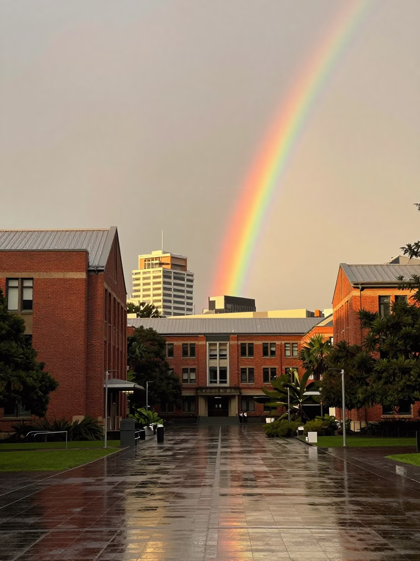 Auckland New Zealand Dawn Campus Quad Wet Rain Brick Buildings Rainbow Eucalyptus in in Auckland, New Zealand