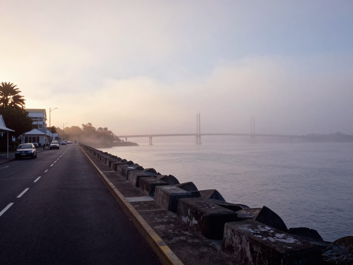 Auckland New Zealand Dawn Sea Fog Breakwater Street Scene with Local Market Activity in in Auckland, New Zealand