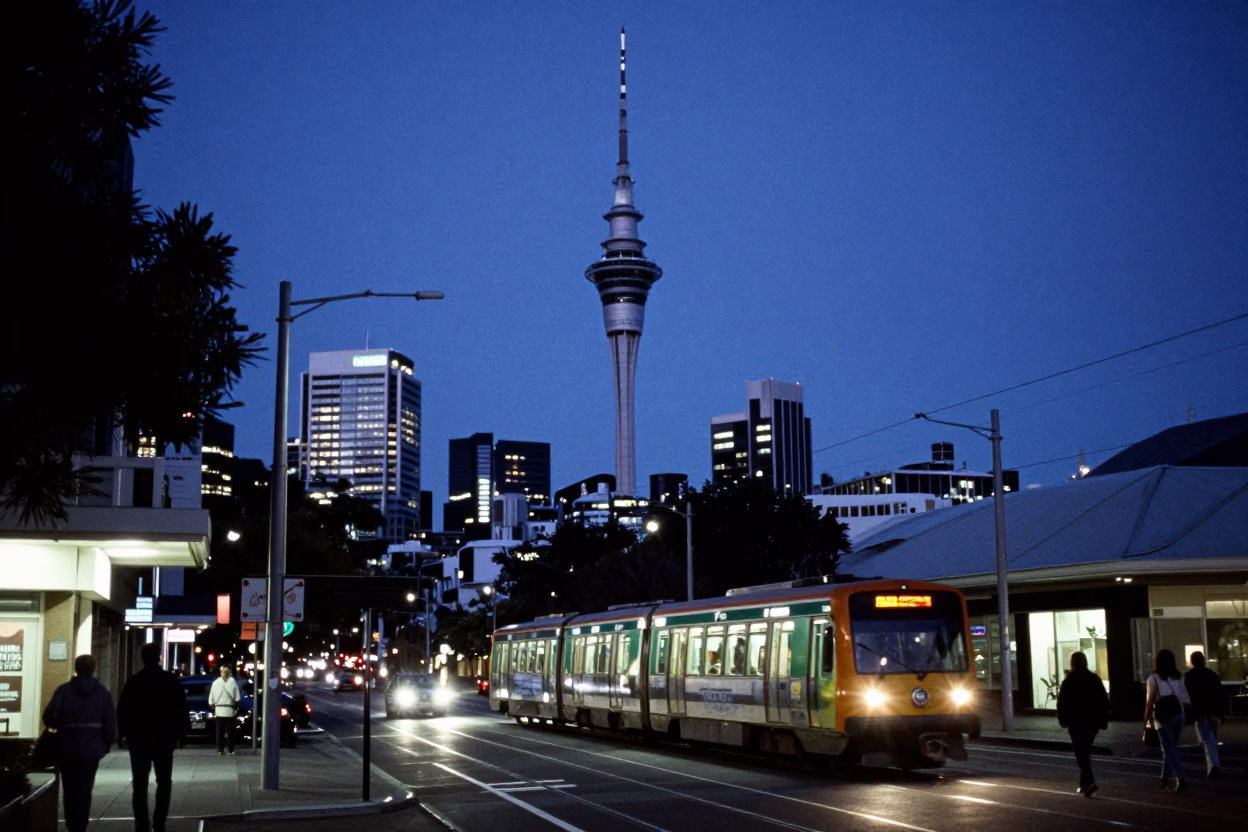 Auckland New Zealand Dawn Street Scene with Metro Train and City Lights in in Auckland, New Zealand