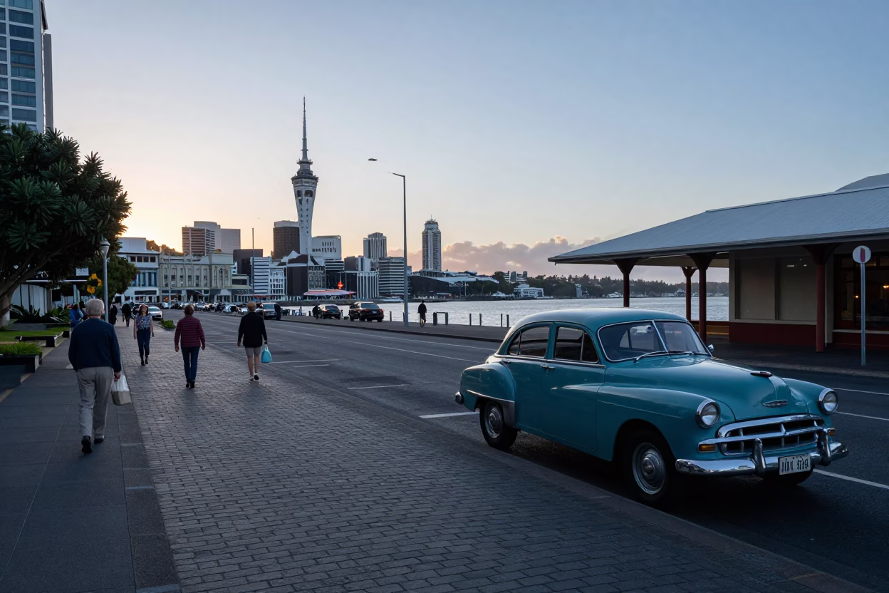 Auckland New Zealand Dawn Street Scene with Vintage 1950s Pedestrians and Harbour Views in in Auckland, New Zealand