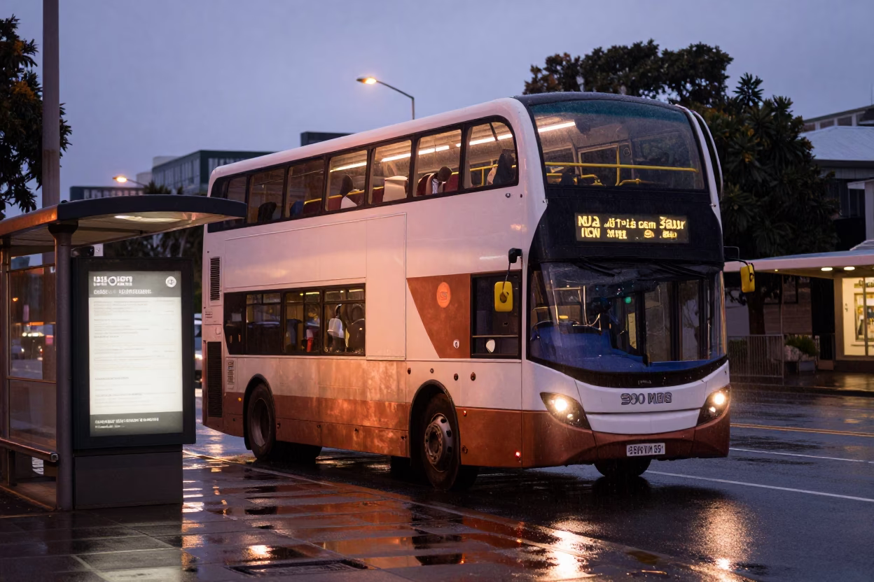 Auckland New Zealand Double Decker Bus Stop Copper Toned Light Before Dusk in in Auckland, New Zealand