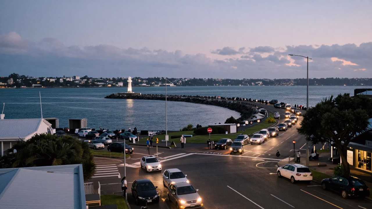 Auckland New Zealand Early Evening Busy Street Scene with Breakwater and Harbor Beacon in in Auckland, New Zealand