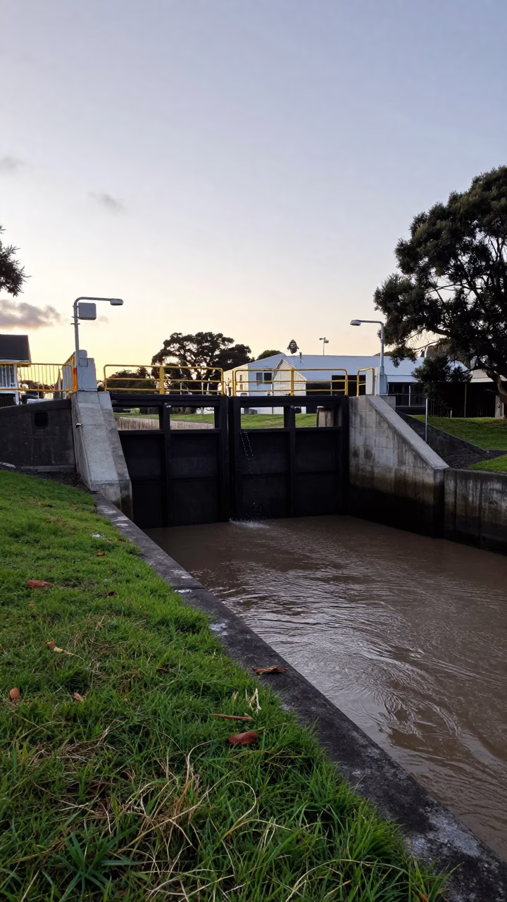 Auckland New Zealand Early Evening Sluice Gate Dripping Beside Muddy Canal Edge Street Scene in in Auckland, New Zealand