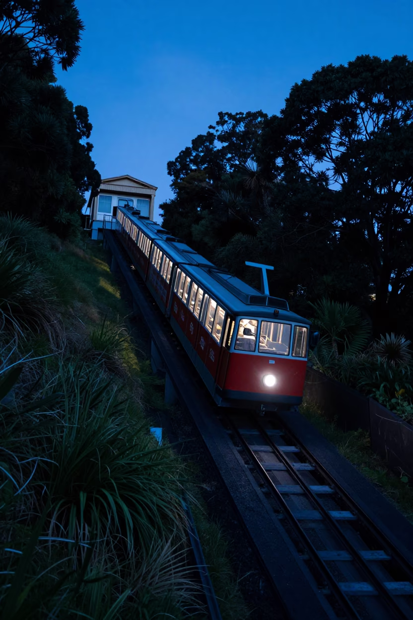 Auckland New Zealand Evening Blue Hour Funicular Railway Climbing Steep Hill in in Auckland, New Zealand