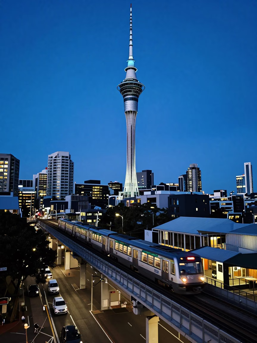 Auckland New Zealand Evening Blue Light Sky Tower and City Street Scene in in Auckland, New Zealand