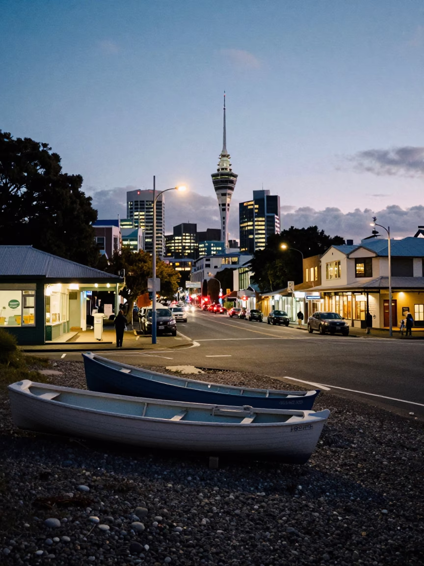 Auckland New Zealand Evening Street Scene with City Lights and Local Details in in Auckland, New Zealand