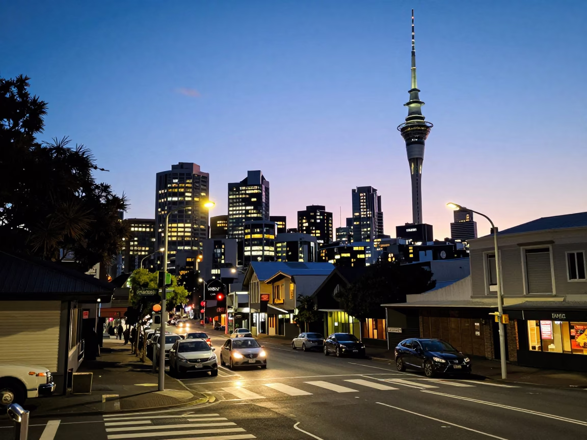 Auckland New Zealand Evening Street Scene with City Lights and Urban Details in in Auckland, New Zealand