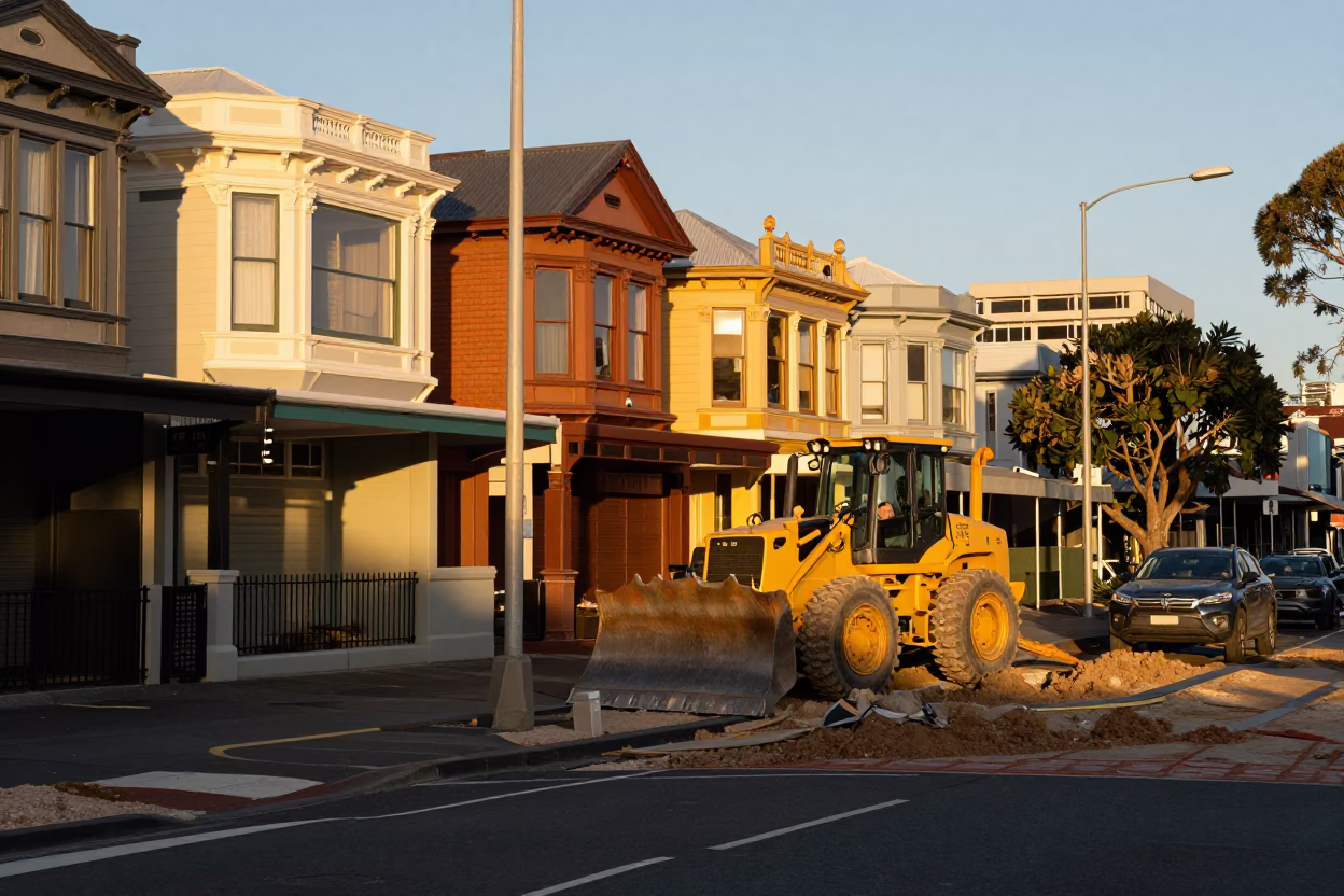 Auckland New Zealand Evening Street Scene with Construction Activity and Local Architecture in in Auckland, New Zealand