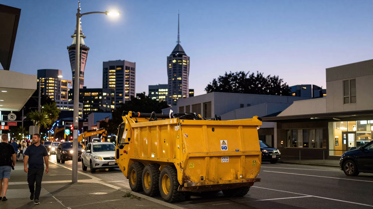 Auckland New Zealand Evening Street Scene with Demolition Dumpster and City Lights Glow in in Auckland, New Zealand