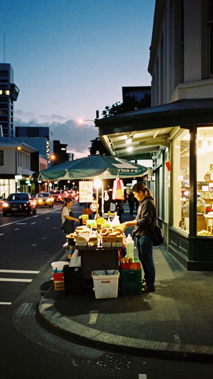 Auckland New Zealand Evening Street Scene with Local Market Goods and City Lights in in Auckland, New Zealand