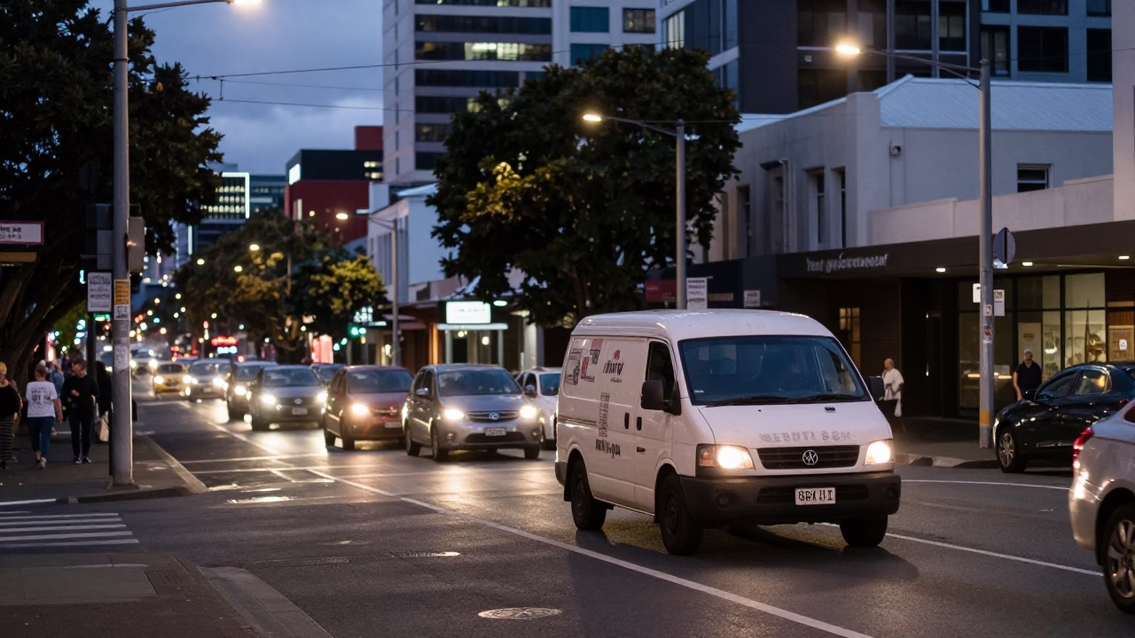 Auckland New Zealand Evening Street Scene with Traffic and City Lights in in Auckland, New Zealand