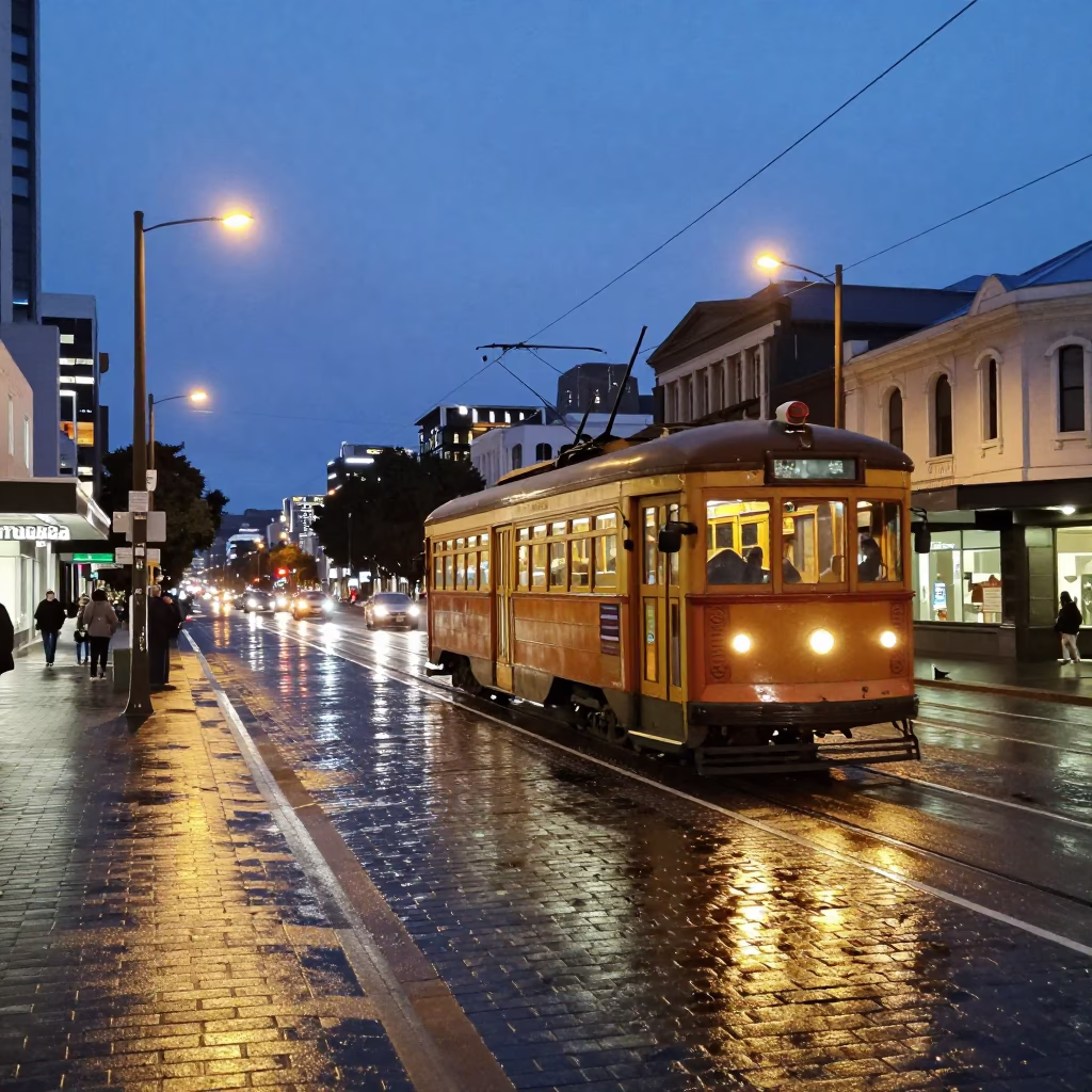 Auckland New Zealand Evening Street Scene with Tram and City Lights in in Auckland, New Zealand