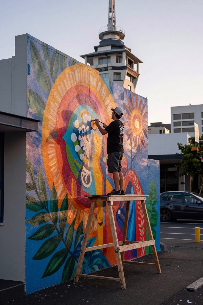 Auckland New Zealand First Light Dawn Street Mural Artist Painting Vibrant Wall in in Auckland, New Zealand