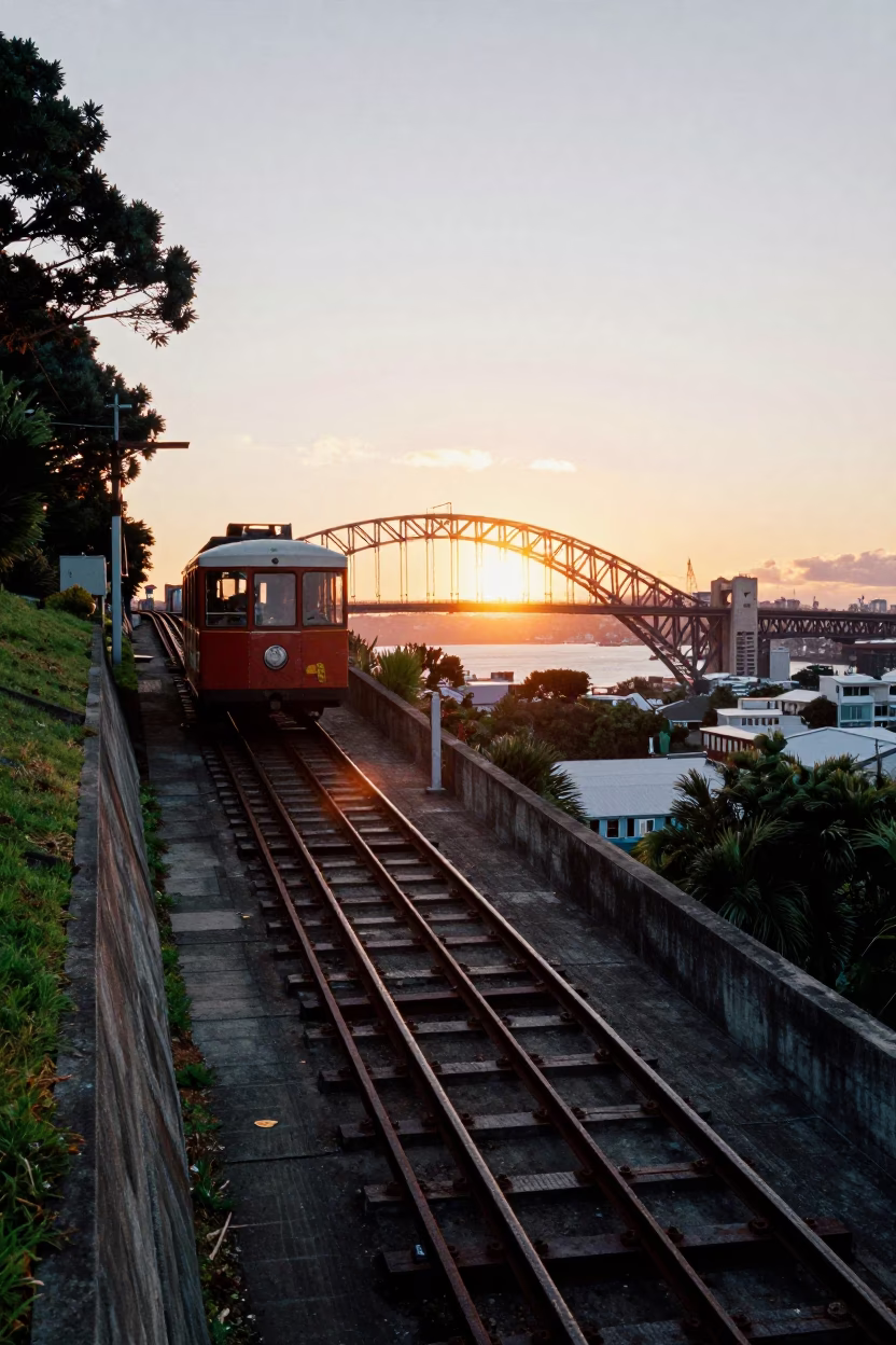 Auckland New Zealand Funicular Railway Climbing Steep Hill at Sunset in in Auckland, New Zealand