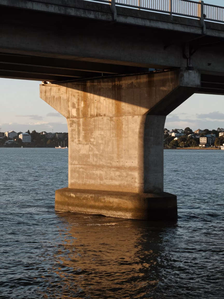 Auckland New Zealand Golden Hour Bridge Pier Cutwater Splitting Brown Current in in Auckland, New Zealand