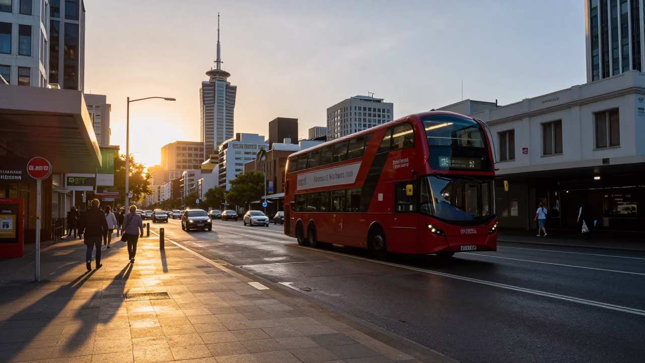 Auckland New Zealand Golden Hour Street Scene with Double Decker Bus and Urban Landscape in in Auckland, New Zealand