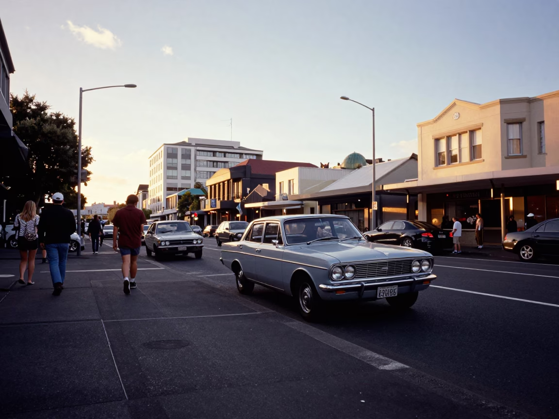 Auckland New Zealand Golden Hour Street Scene with Vintage Car and Pedestrians in in Auckland, New Zealand