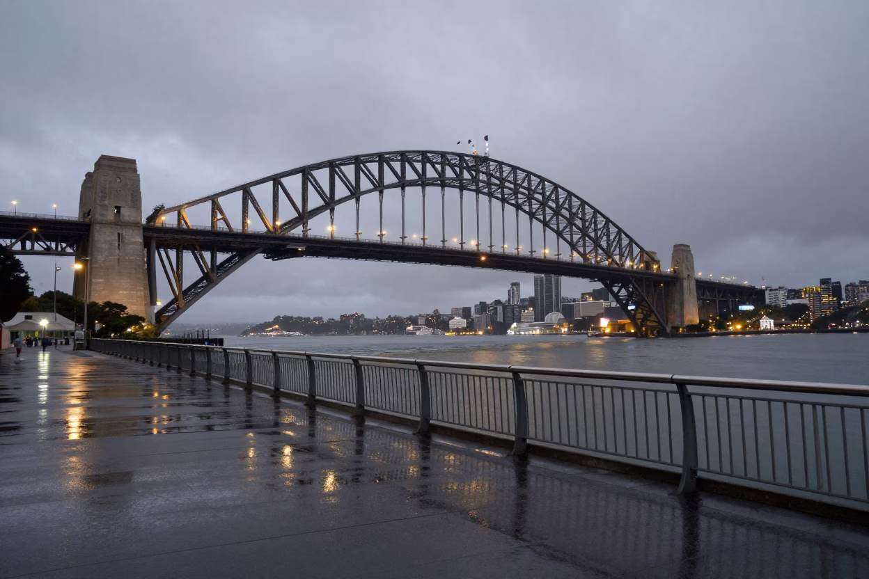 Auckland New Zealand Harbor Bridge Shining After Storm First Light in in Auckland, New Zealand