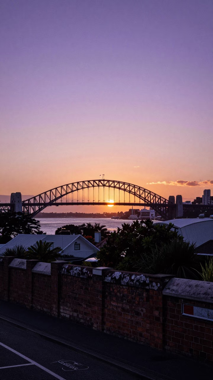 Auckland New Zealand Harbor Bridge Sunset View from Parnell Heritage Street in in Auckland, New Zealand