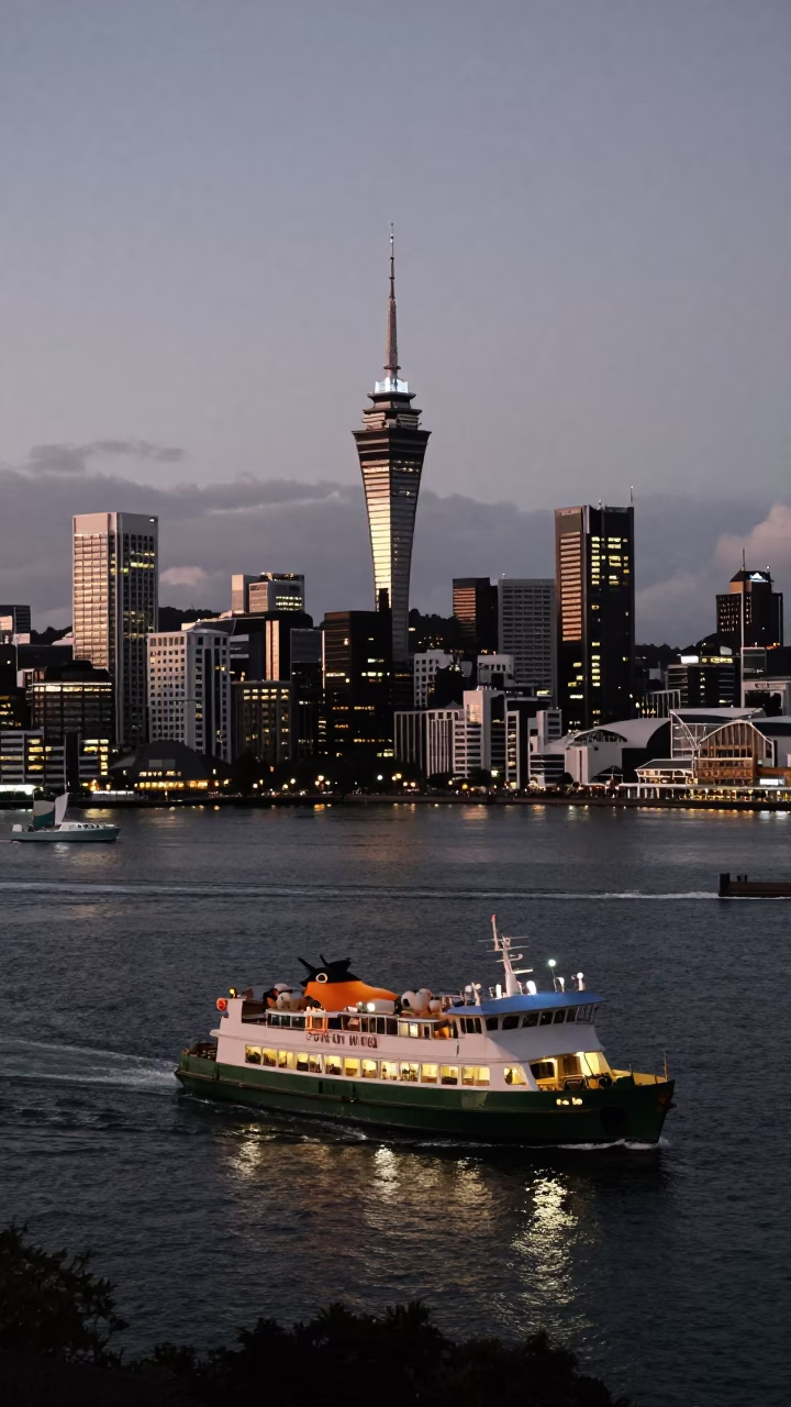 Auckland New Zealand Harbor Dusk Skyline Lights and Ferry Traffic Realistic Photography in in Auckland, New Zealand