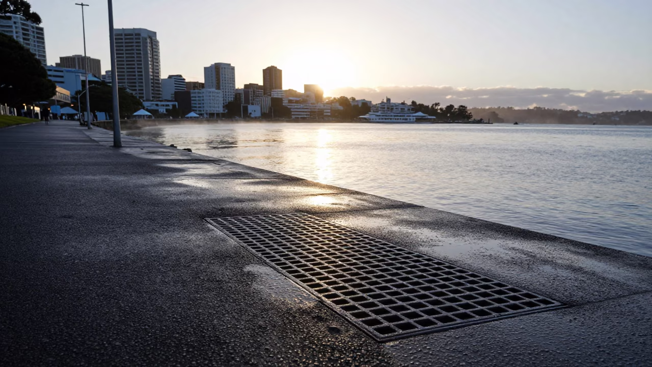 Auckland New Zealand Harbor Morning with Condensation on Drain and Local Street Scene in in Auckland, New Zealand