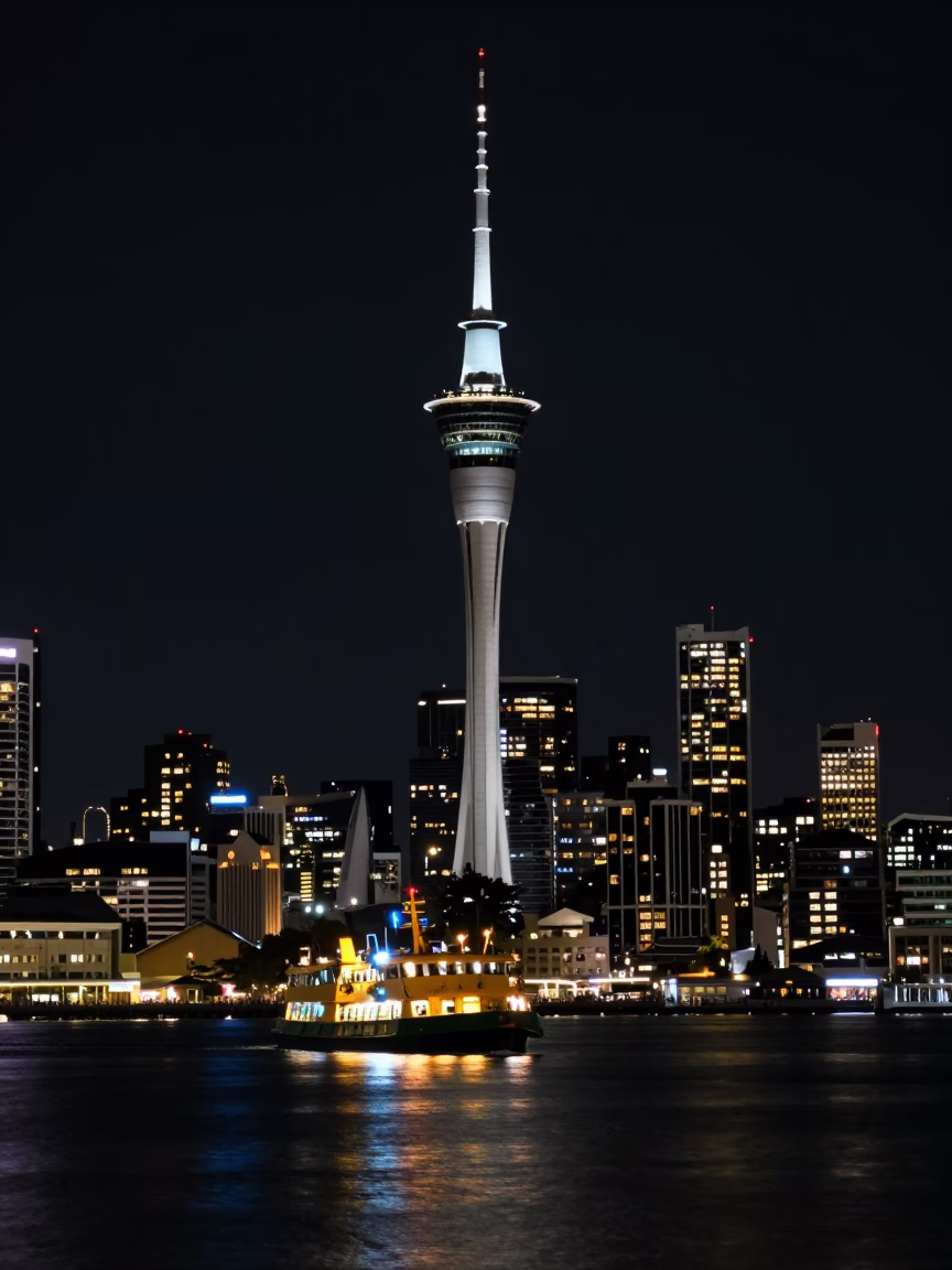 Auckland New Zealand Harbor Night Skyline with Ferry Lights and Urban Reflections in in Auckland, New Zealand