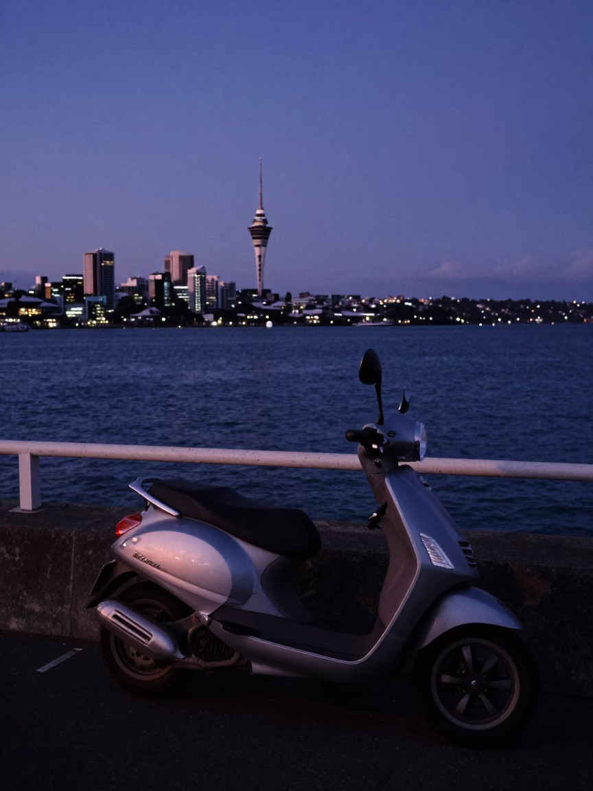 Auckland New Zealand Harbor Promenade Scooter Parked Before Sunrise Cool Light in in Auckland, New Zealand