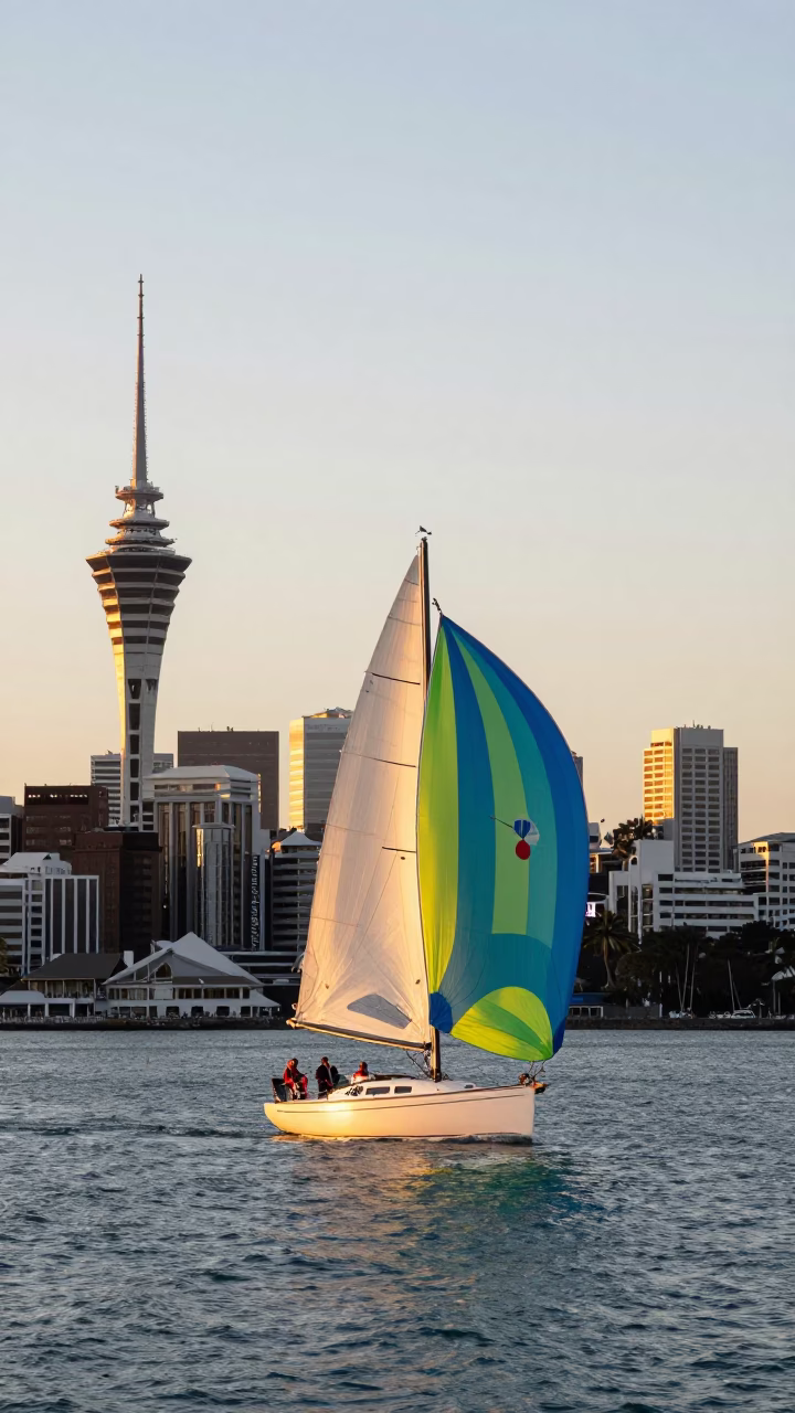 Auckland New Zealand Harbor Sunrise Sailboat Spinnaker Colorful 1960s Style Photography in in Auckland, New Zealand