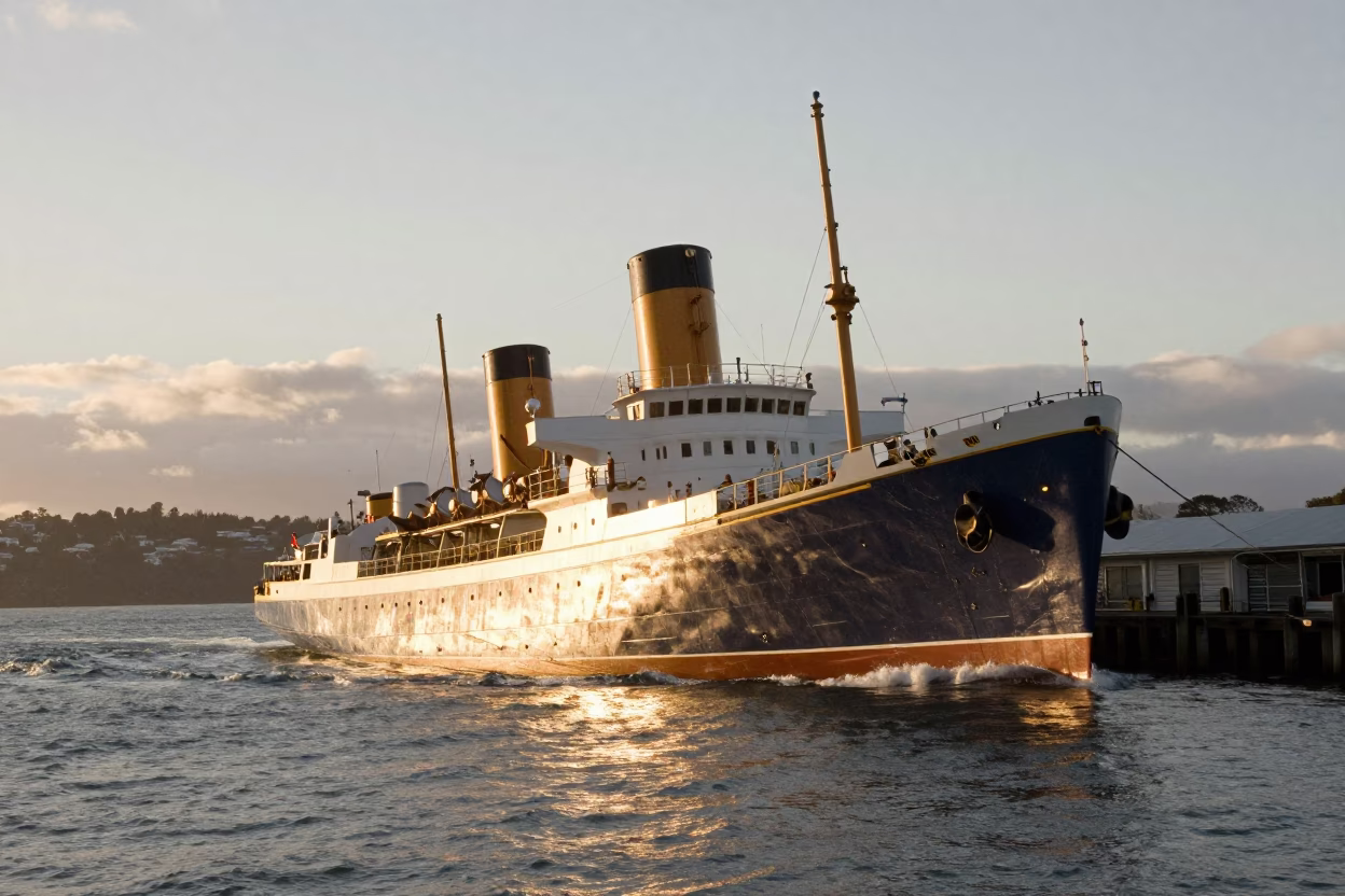 Auckland New Zealand Harbor Sunrise Steamship Listing in Harbor Swell Morning Light in in Auckland, New Zealand
