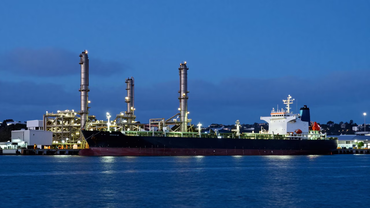 Auckland New Zealand Harbor Tanker Ship Refinery Dock Evening Blue Light in in Auckland, New Zealand