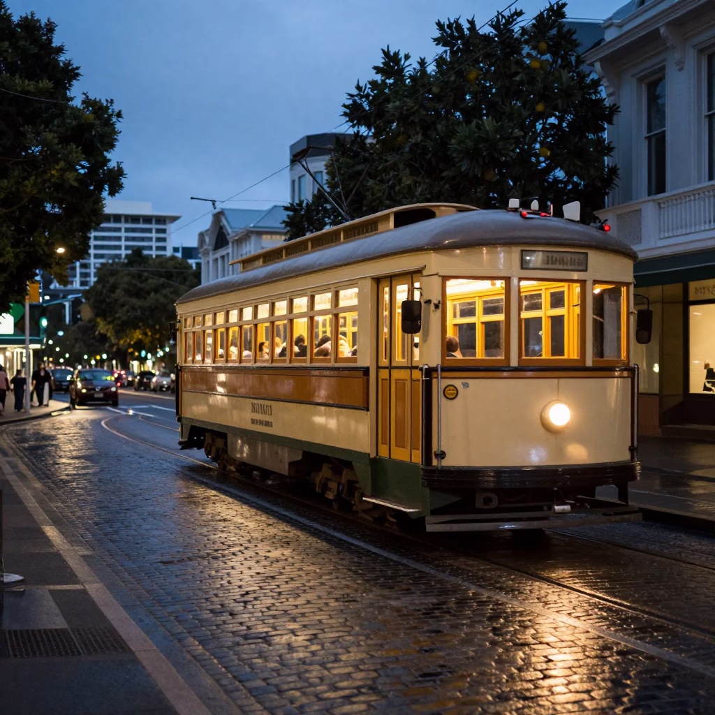 Auckland New Zealand Heritage Tram on Cobblestone Avenue at Dusk with City Lights in in Auckland, New Zealand