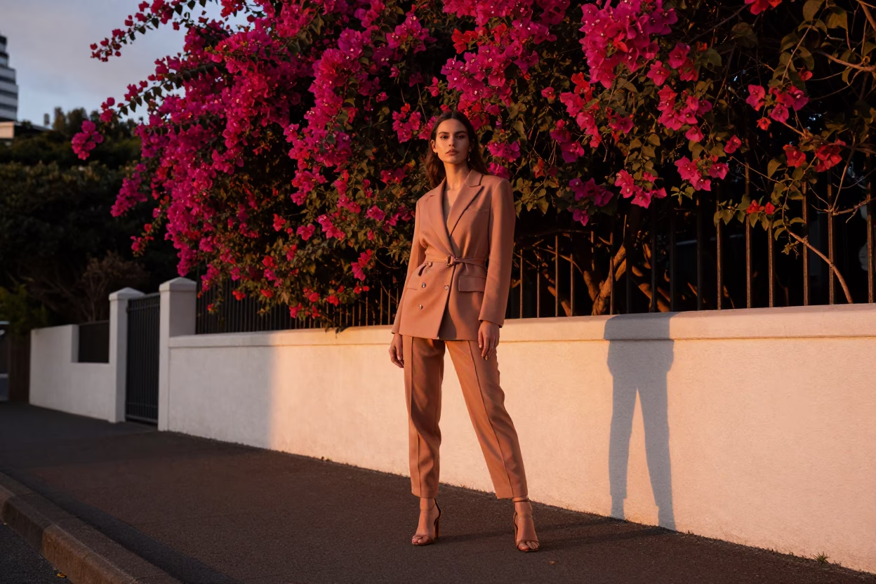 Auckland New Zealand High Fashion Model in Bougainvillea and Copper Dusk Light in in Auckland, New Zealand