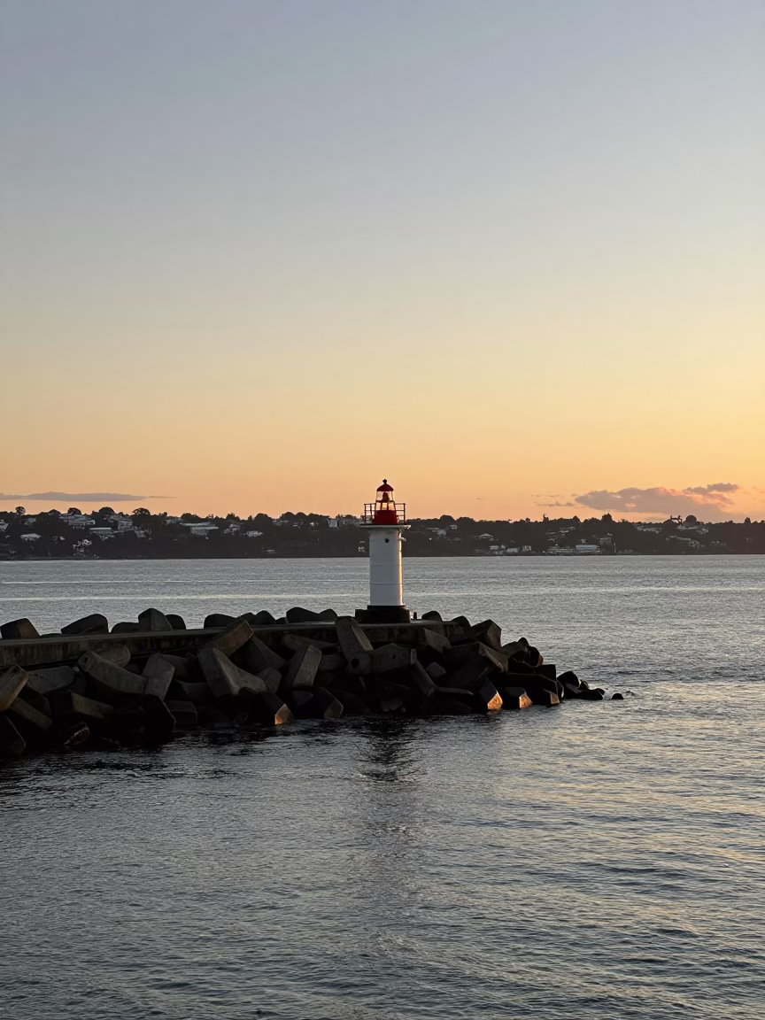 Auckland New Zealand Honeyed Evening Light Coastal Breakwater Warning Beacons Realistic Photograph in in Auckland, New Zealand